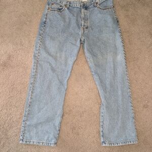 Stylish Light Blue Women's Straight Leg Jeans With Studs